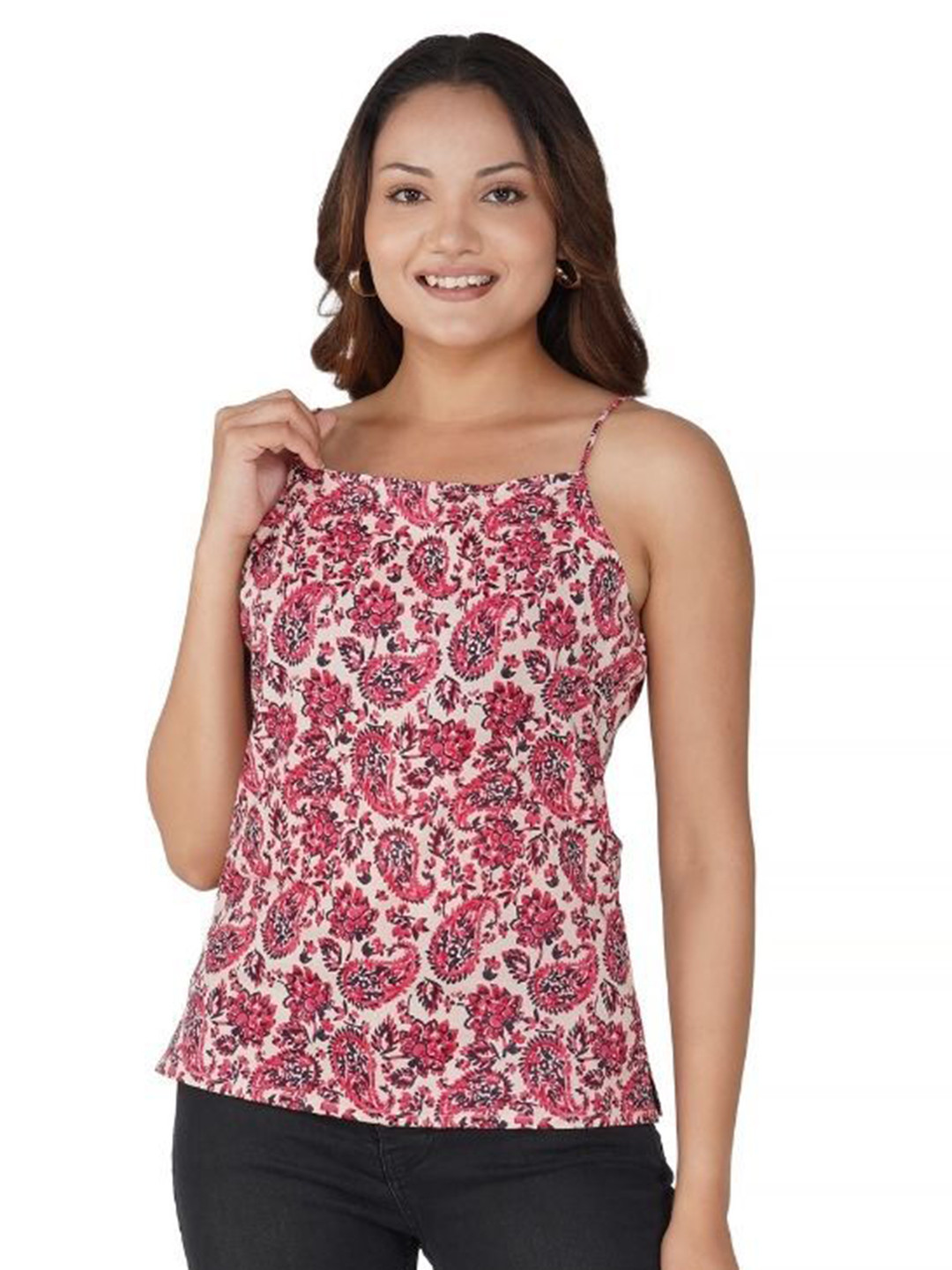 30 Looks Women Deep Blush Cotton Printed Strap Top