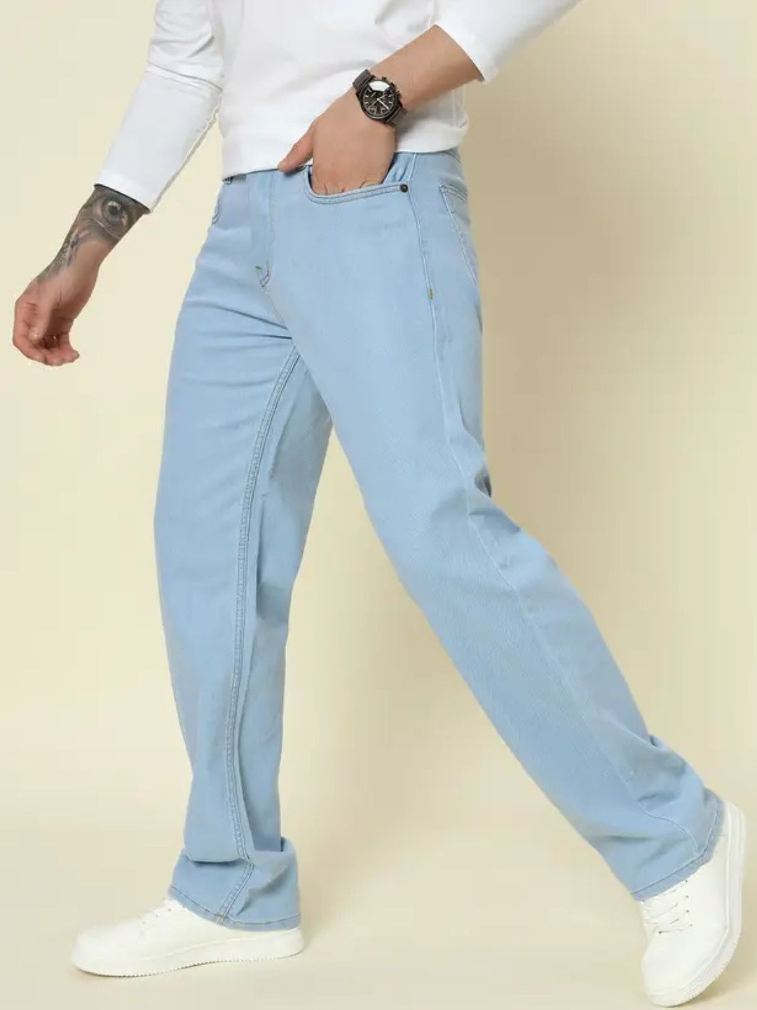 SZN Men Classic Mid-Rise Baggy Fit Denim Baggy Sky Blue Jeans