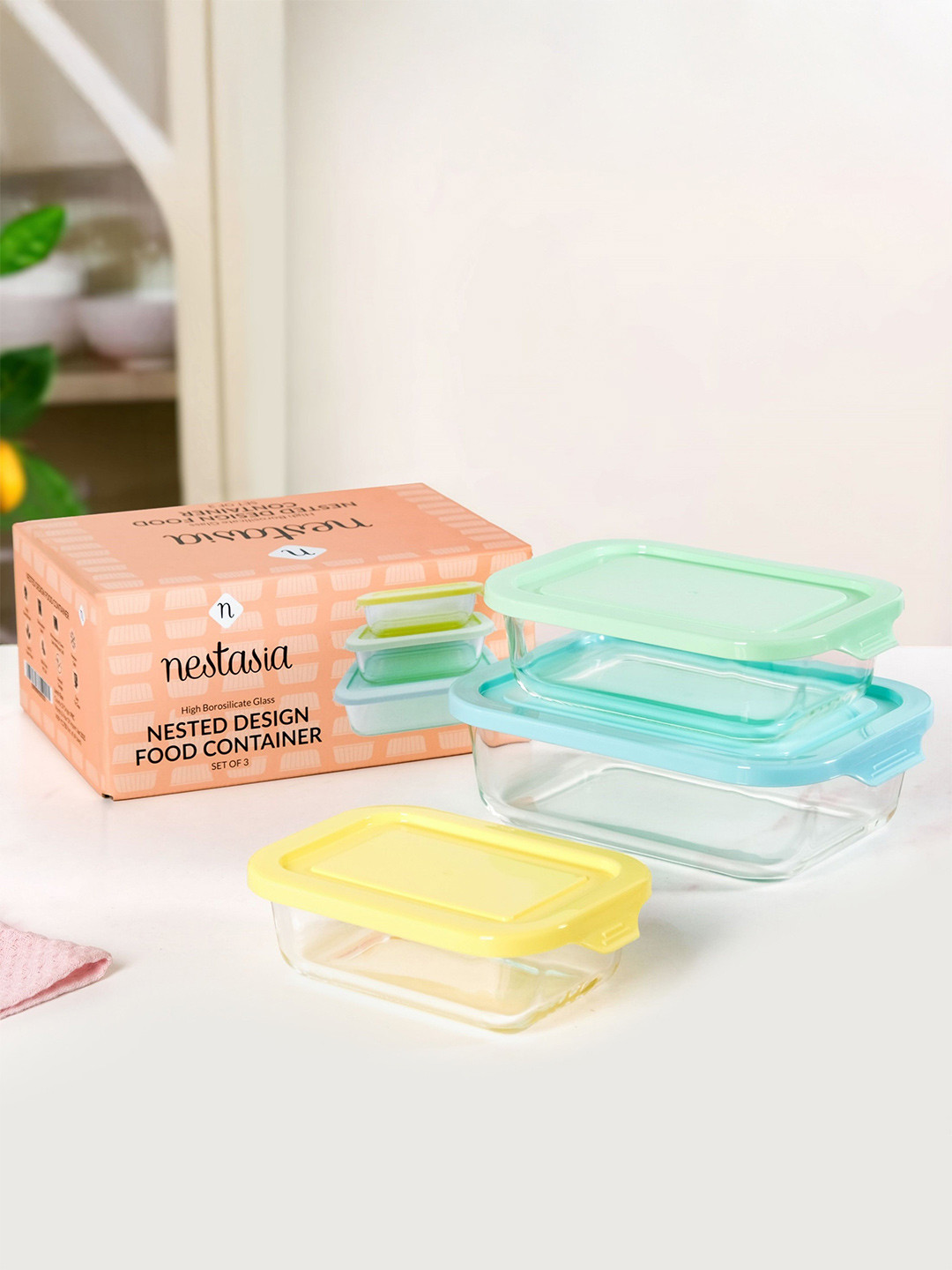 Nestasia Transparent 3 Pcs Borosilicate Glass Freshlock Meal Prep Rectangular Container