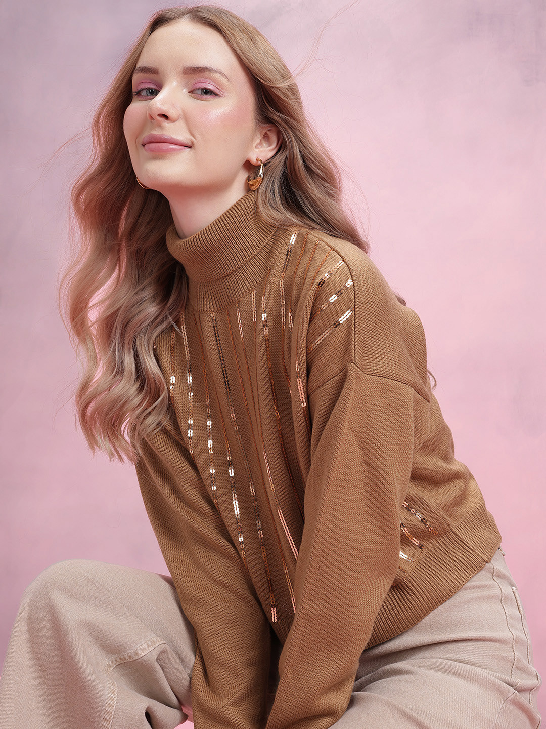 DressBerry Sequin Striped Turtle Neck Drop-Shoulder Pullover