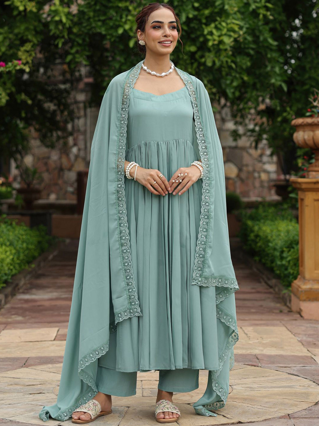 anayna Embroidered Shoulder Straps Thread Work Poly Crepe Kurta With Trousers & Dupatta
