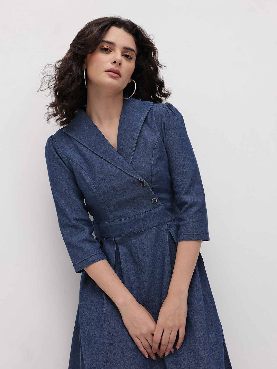 R.Code by The Roadster Life Co. Tie-Up Detail Pure Cotton Denim Blazer Midi Dress