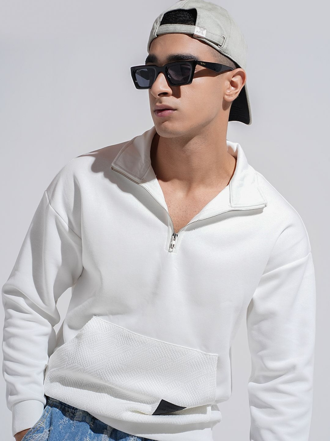 SHOWOFF Men White High Neck Ribbed Slim Fit Sweatshirt with Half Zipper
