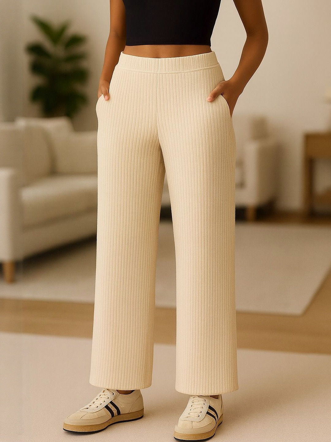 CORSICA Women Cream Regular Fit Cotton Trousers