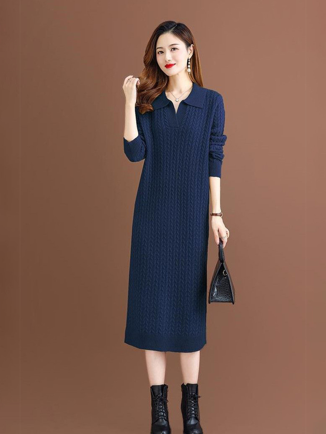 bebe Navy Blue Cable Knit Polo Collar Midi Sweater Dress