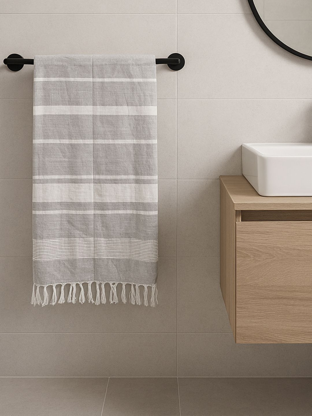 Kryptic Grey & White Striped Printed 180 GSM Pure Cotton Bath Towel