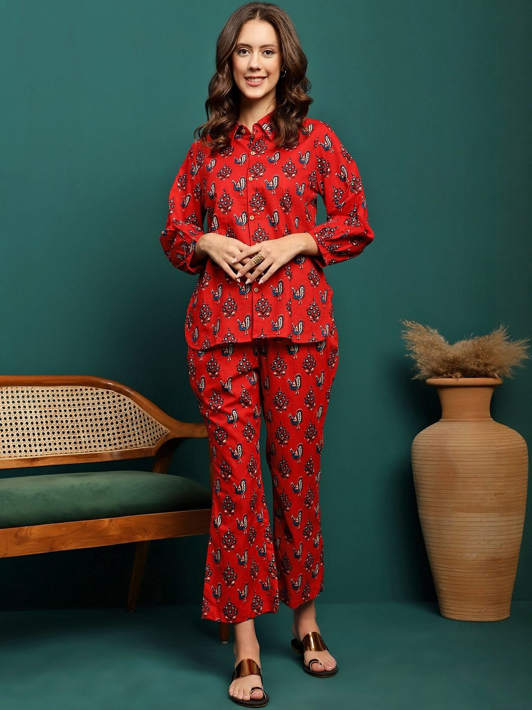 HERE&NOW Women Red & Blue Peacock Printed Cotton Shirt & Trouser Co-Ord Set