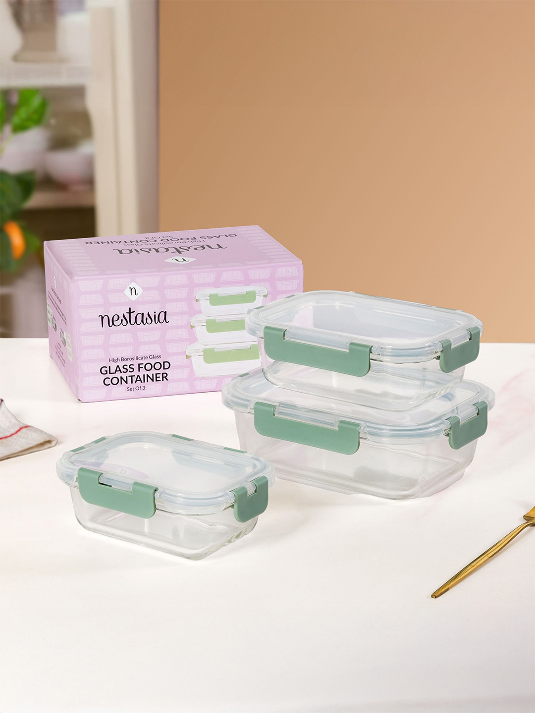 Nestasia Unisex Transparent 3 Pieces Borosilicate Glass Fridge Containers