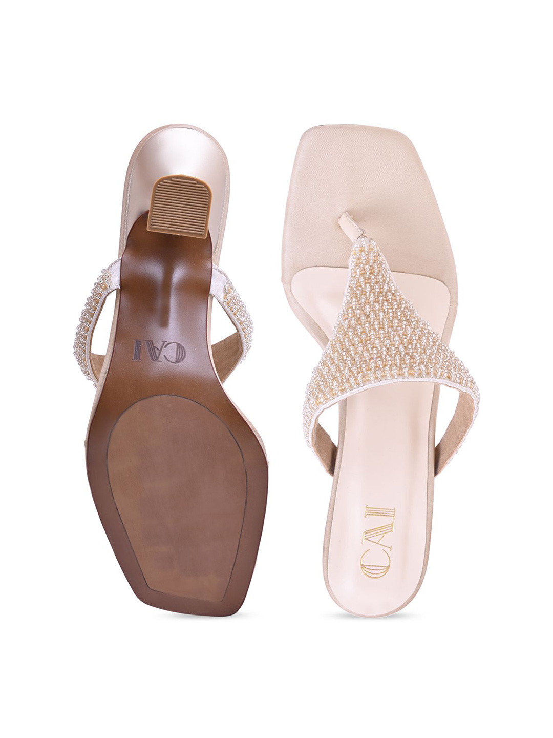 CAI Women Gold Beaded Thong Heels Sandals