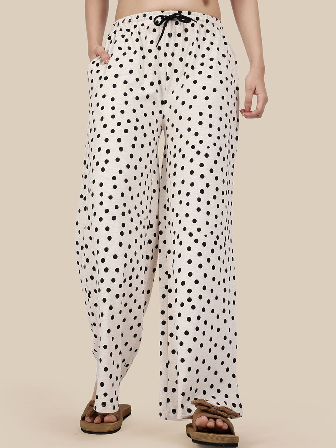 Esplendido Polka Dot Printed Pure Cotton Mid-Rise Wide-Leg Lounge Pants