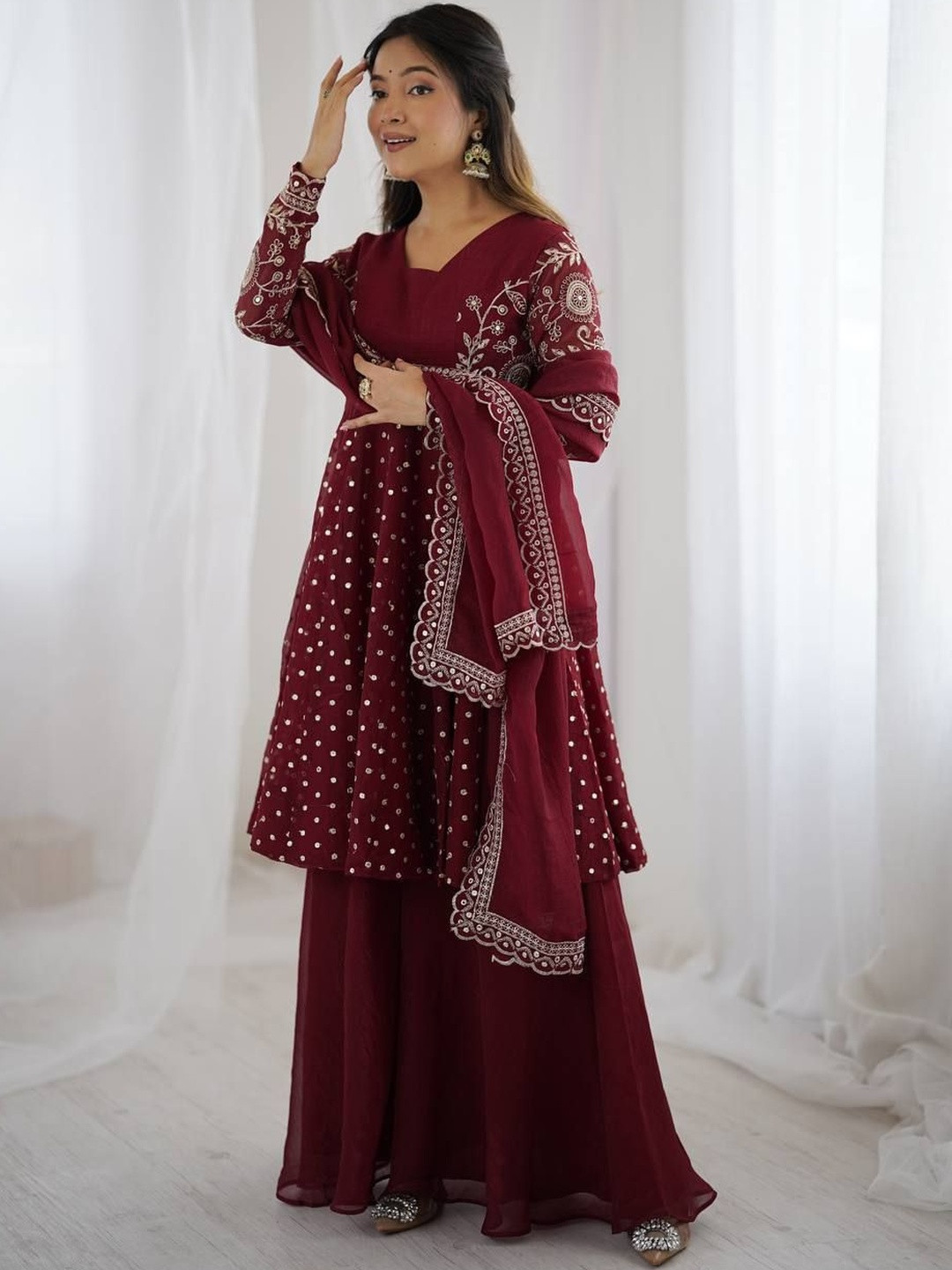 MAHI CREATION Women Ethnic Motifs Embroidered Regular Sequinned Pure Silk Kurta with Sharara & With Dupatta