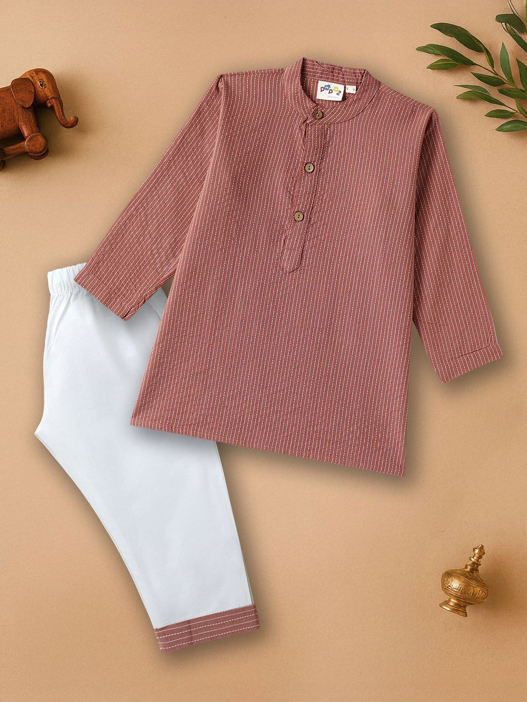 Desi Soota Boys Brown Katha Stitched Woven Design Pure Cotton Kurta With Pyjamas