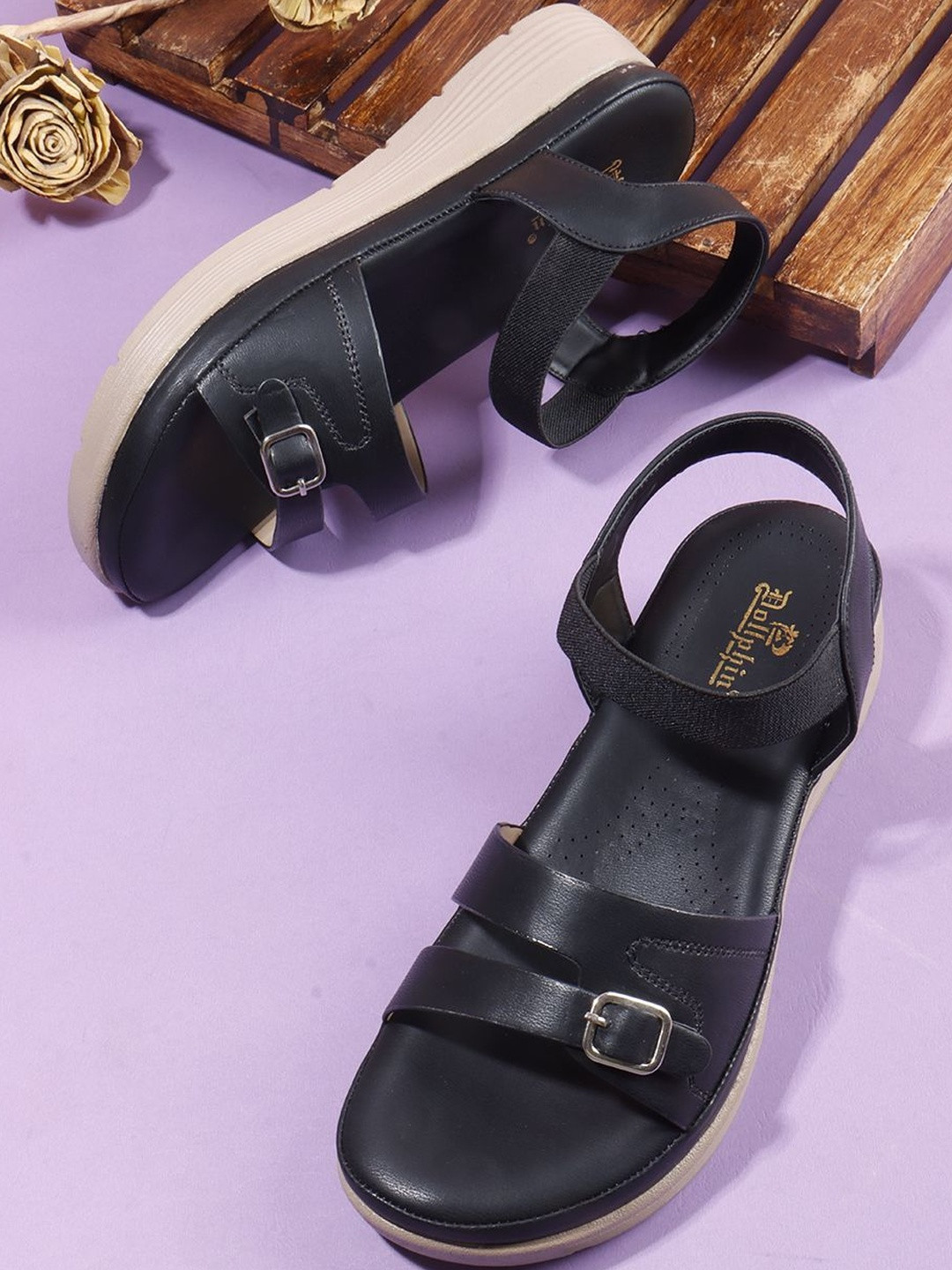 Dollphin Women Black Wedge Sandals with Buckles