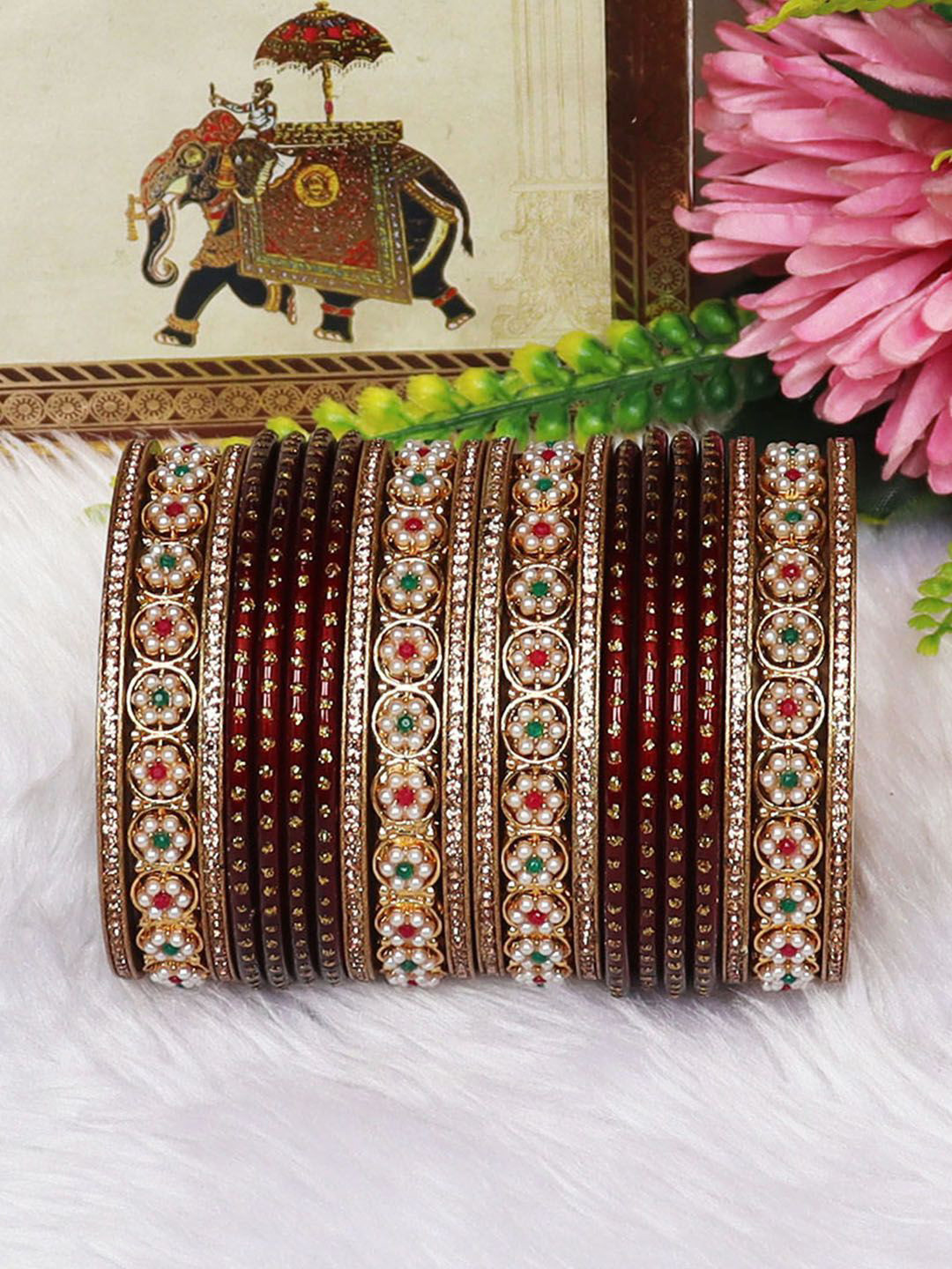 TAJ BRIDAL STORE Set Of 20 Stone Studded & Beaded Lac Bangles