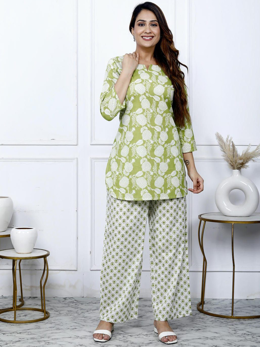 ETC Botanical Printed Round Neck Cotton Tunic With Trouser