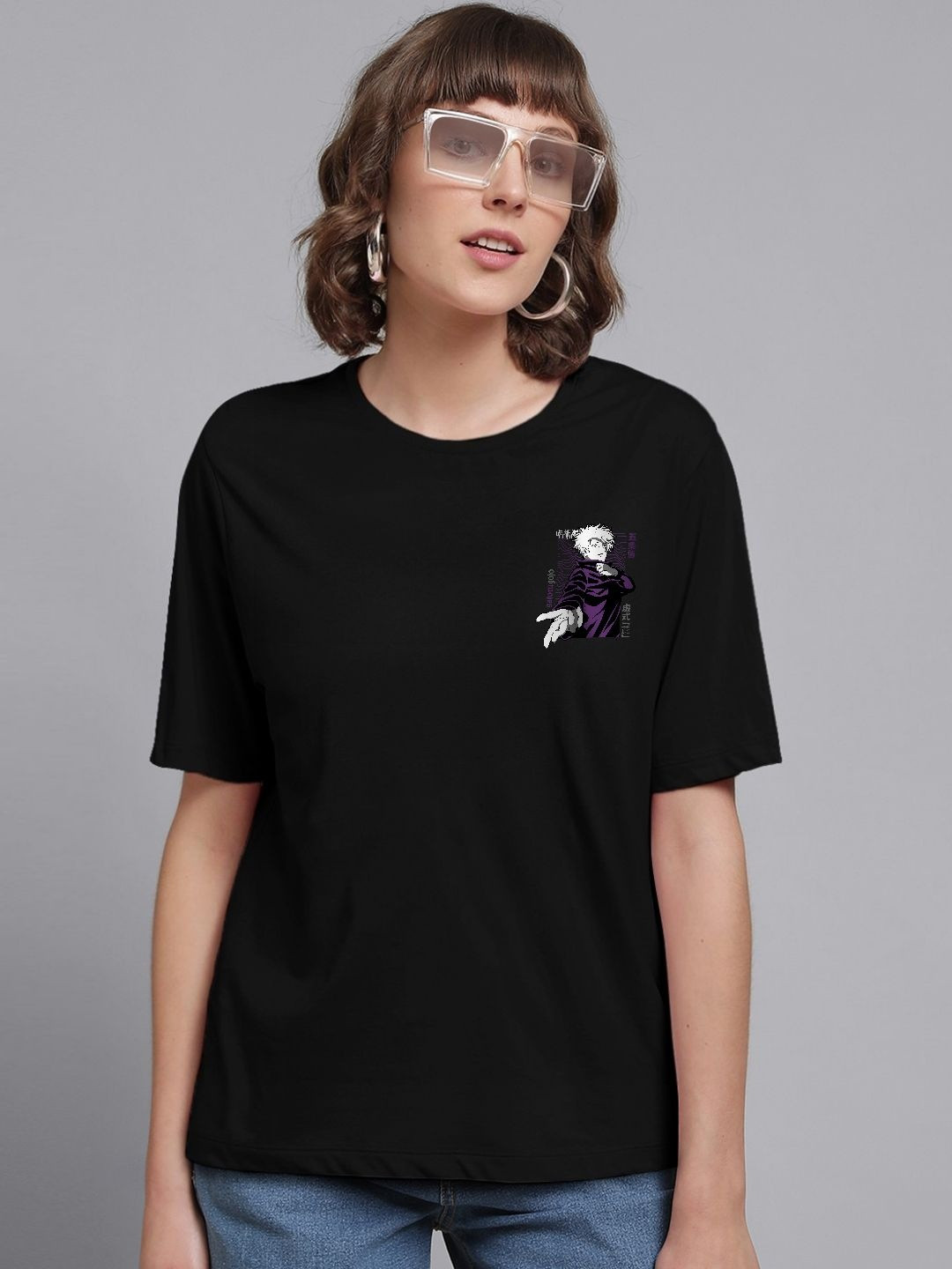 PVC RAIMENTS Women Black Pure Cotton Casual Printed Tshirt