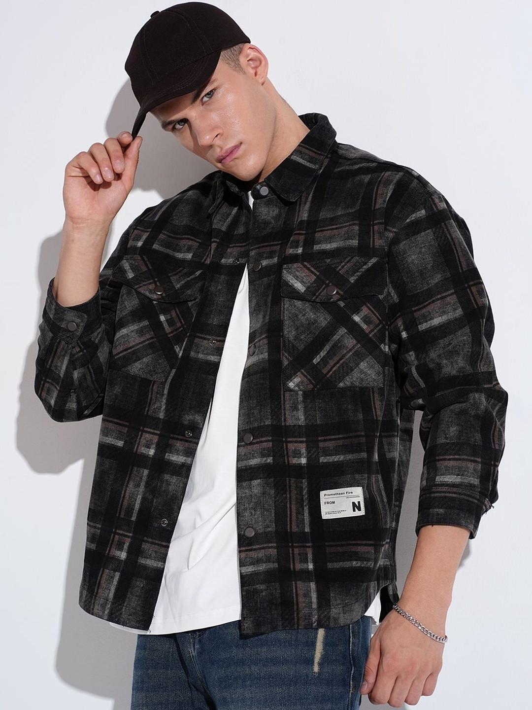 SHOWOFF Men Black Checked Shacket