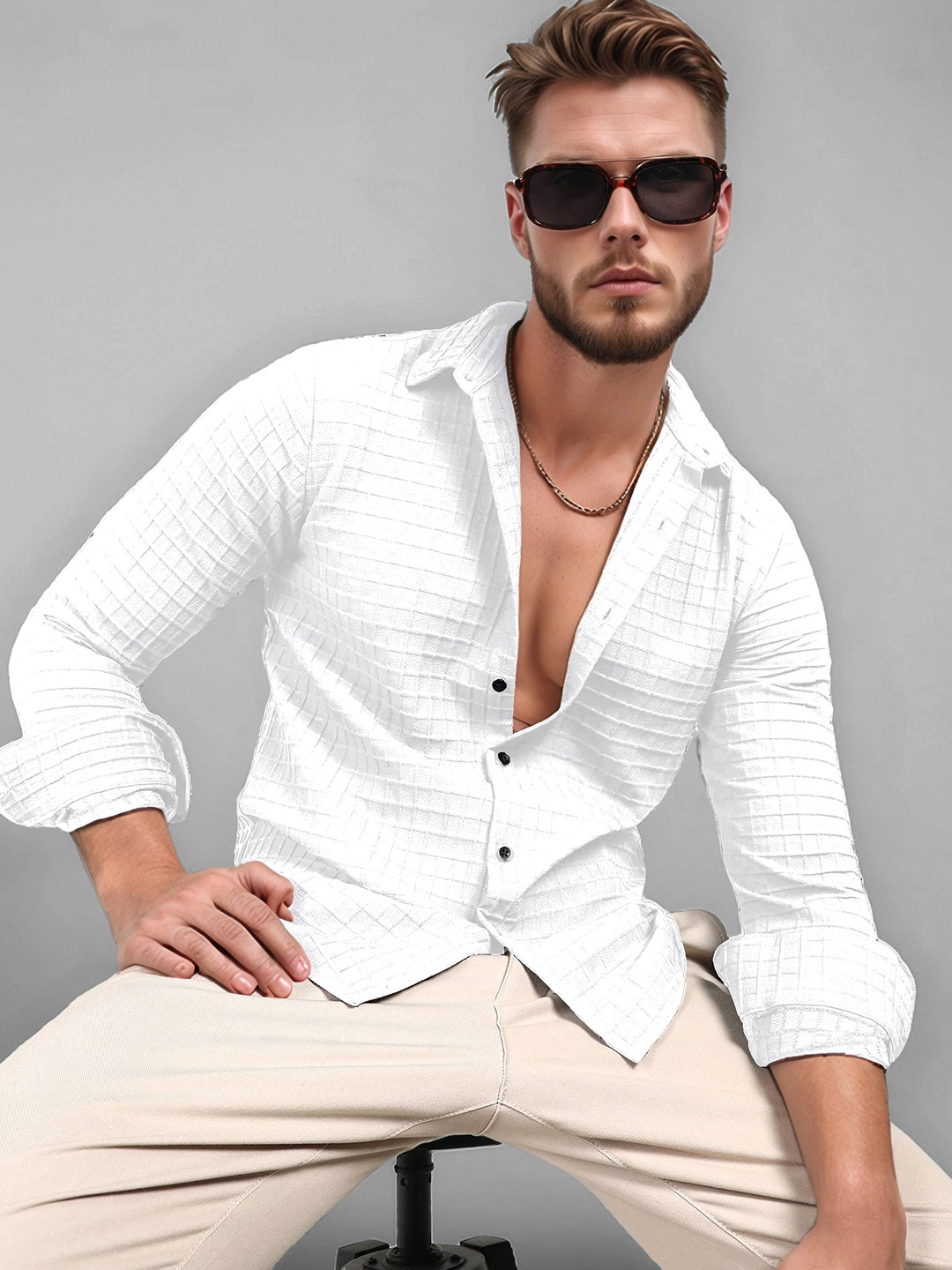 SZN Men White Textured Regular Fit Casual Shirt