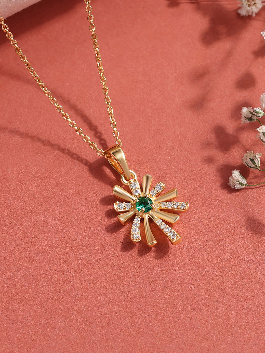 Ornate Jewels 925 Silver 18K Gold Plated Green Emerald Flower Pendant With Chain