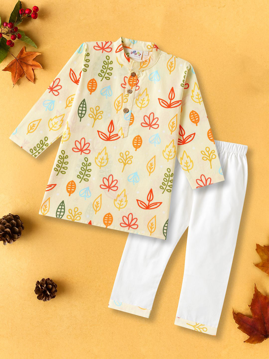 Desi Soota Boys Yellow Fern Leaves Printed Pure Cotton Kurta With Pyjamas