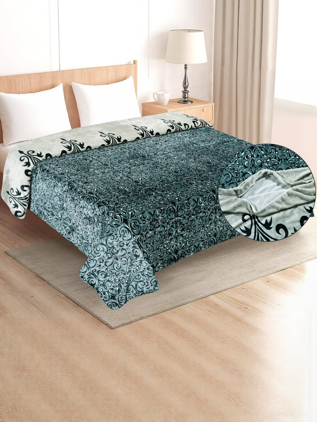 REALDREAM Green Floral Fur 300 GSM Single Bed Razai Cover Dohar