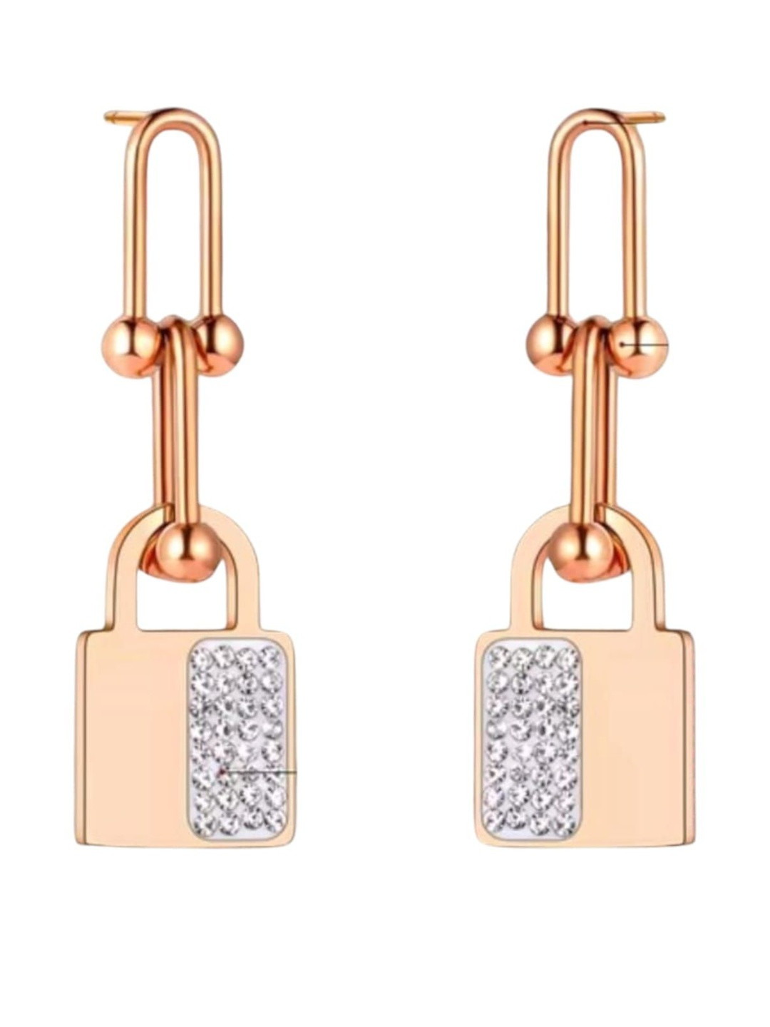 Stainless Steel Lock Drop Earrings with Austrian Crystals, Rose Gold Color