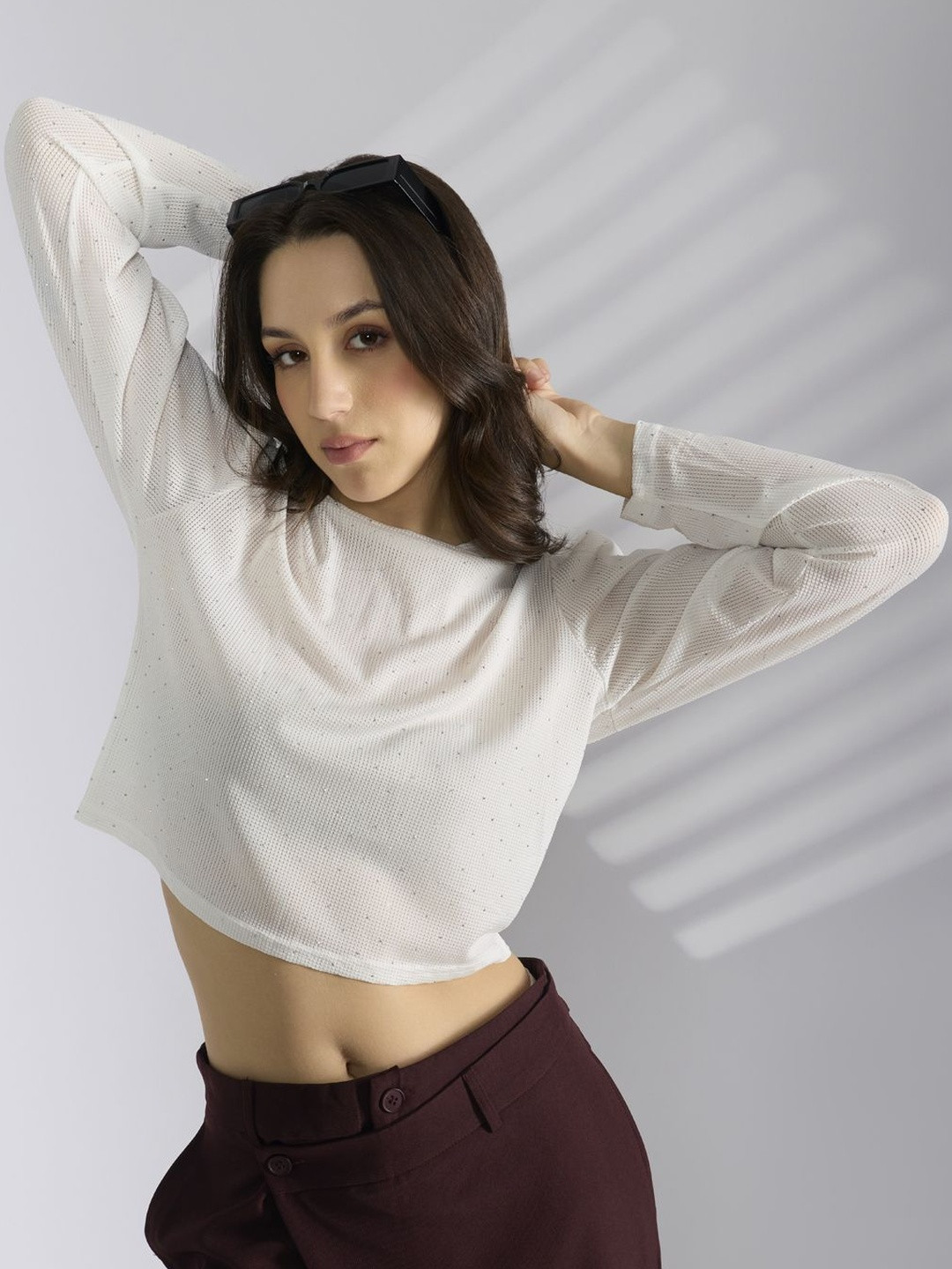 SHOWOFF Women White Embellished Nylon Tops