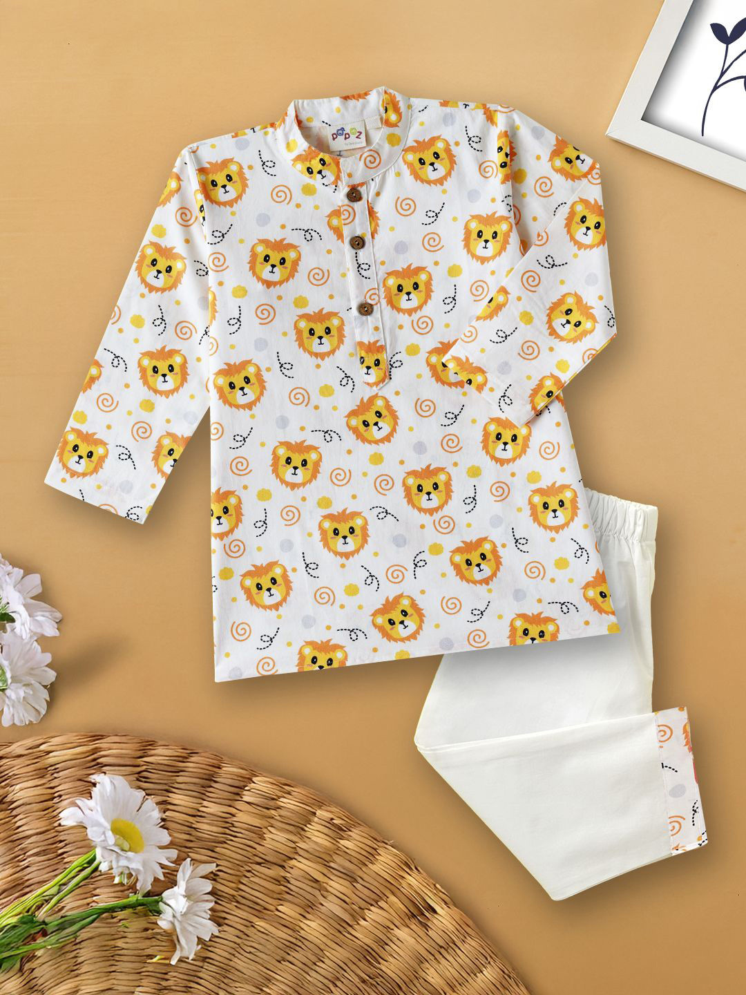 Desi Soota Boys Lion Faces Printed Pure Cotton Kurta with Pyjamas