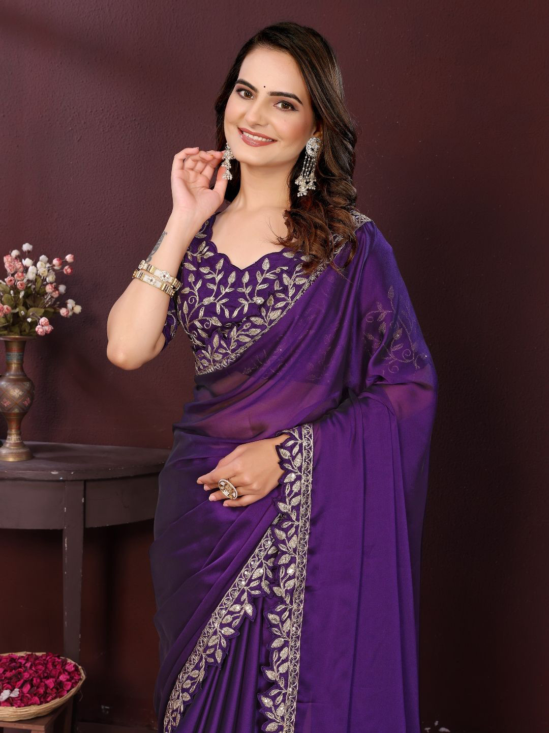 House of Pataudi Floral Embroidered Sequinned Rangoli Silk Saree With Unstitched Blouse