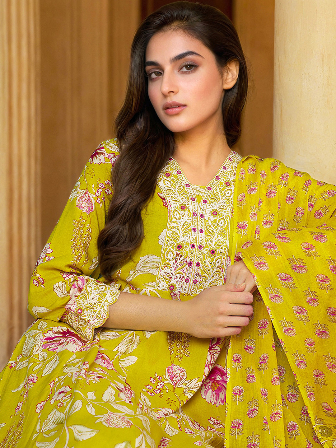 SANISA Floral Printed V-Neck Pure Cotton Anarkali Kurta With Trousers & Dupatta