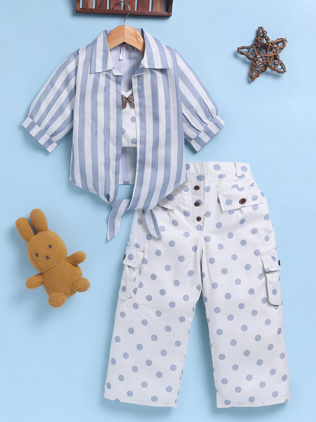 Toonyport Girls Printed Sgirt Collar T-shirt and Shirt with Trousers