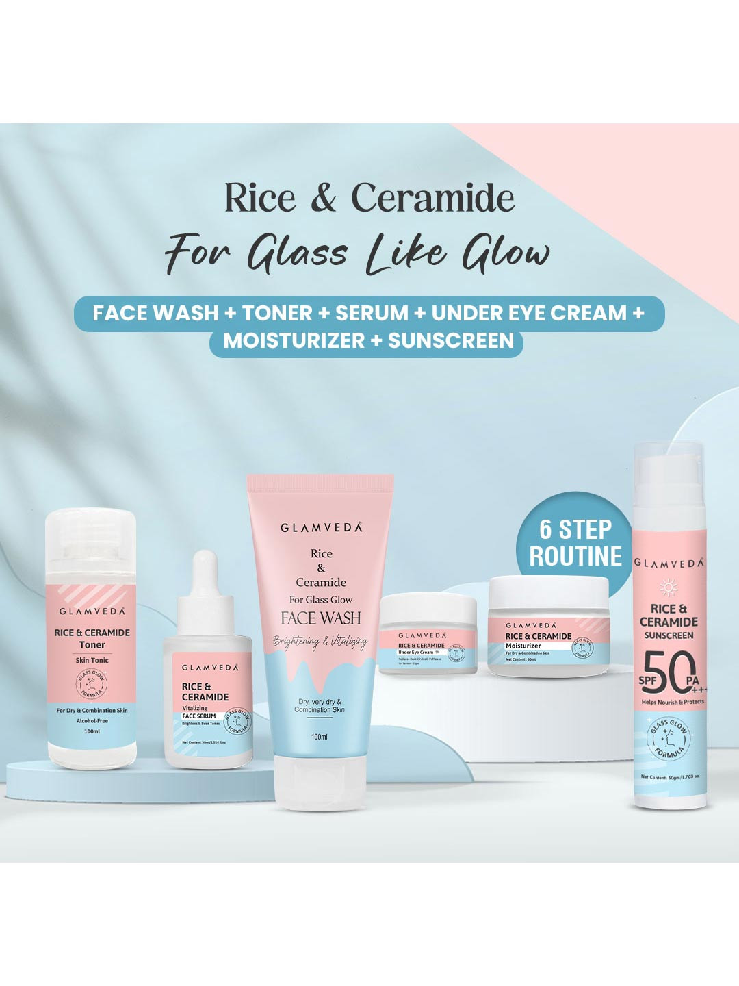 GLAMVEDA Women Korean Glass Skin Rice & Ceramide 6 Step Daily Skincare with Gift Box