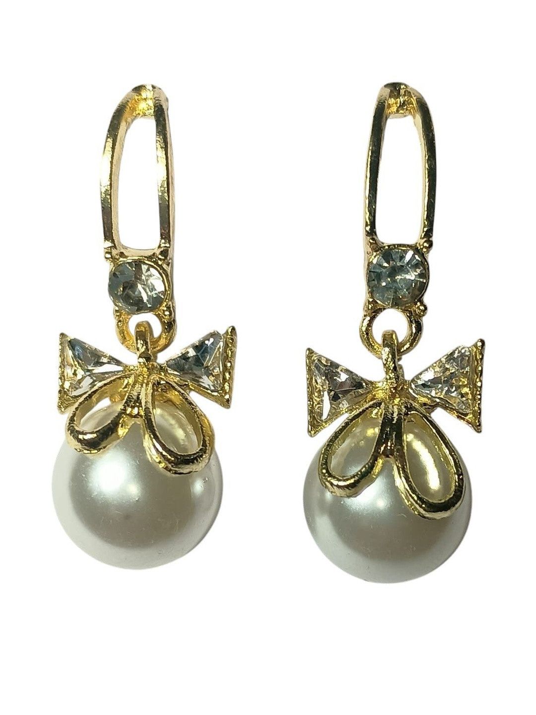 Gold-Tone Pearl Drop Earrings with Bow and Crystal Accents