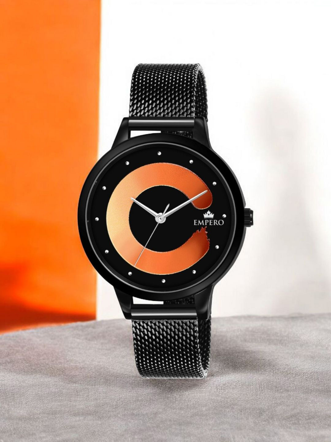 EMPERO Women Printed Dial & Stainless Steel Analogue Watch EAB69 Orange Dial Black Chain