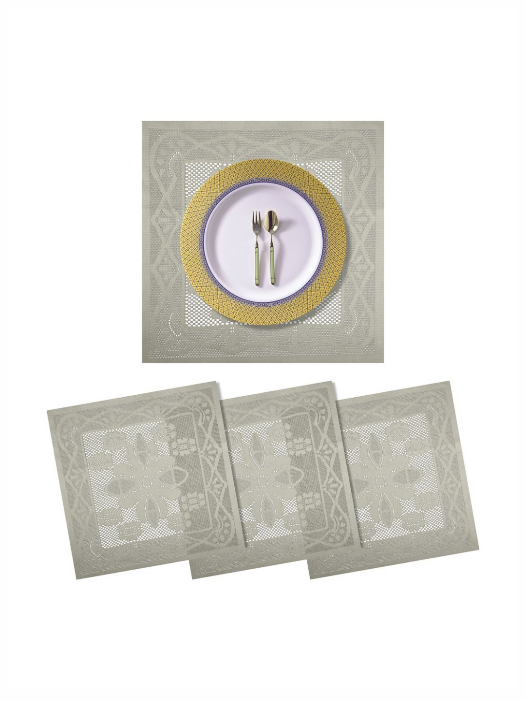 Aura Cream-Coloured 4 Pieces Self-Design Cotton Round Shape Table Placemats
