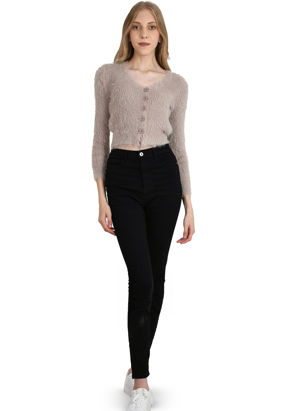 StyleCast V-Neck Winterwear Fuzzy Crop Cardigan