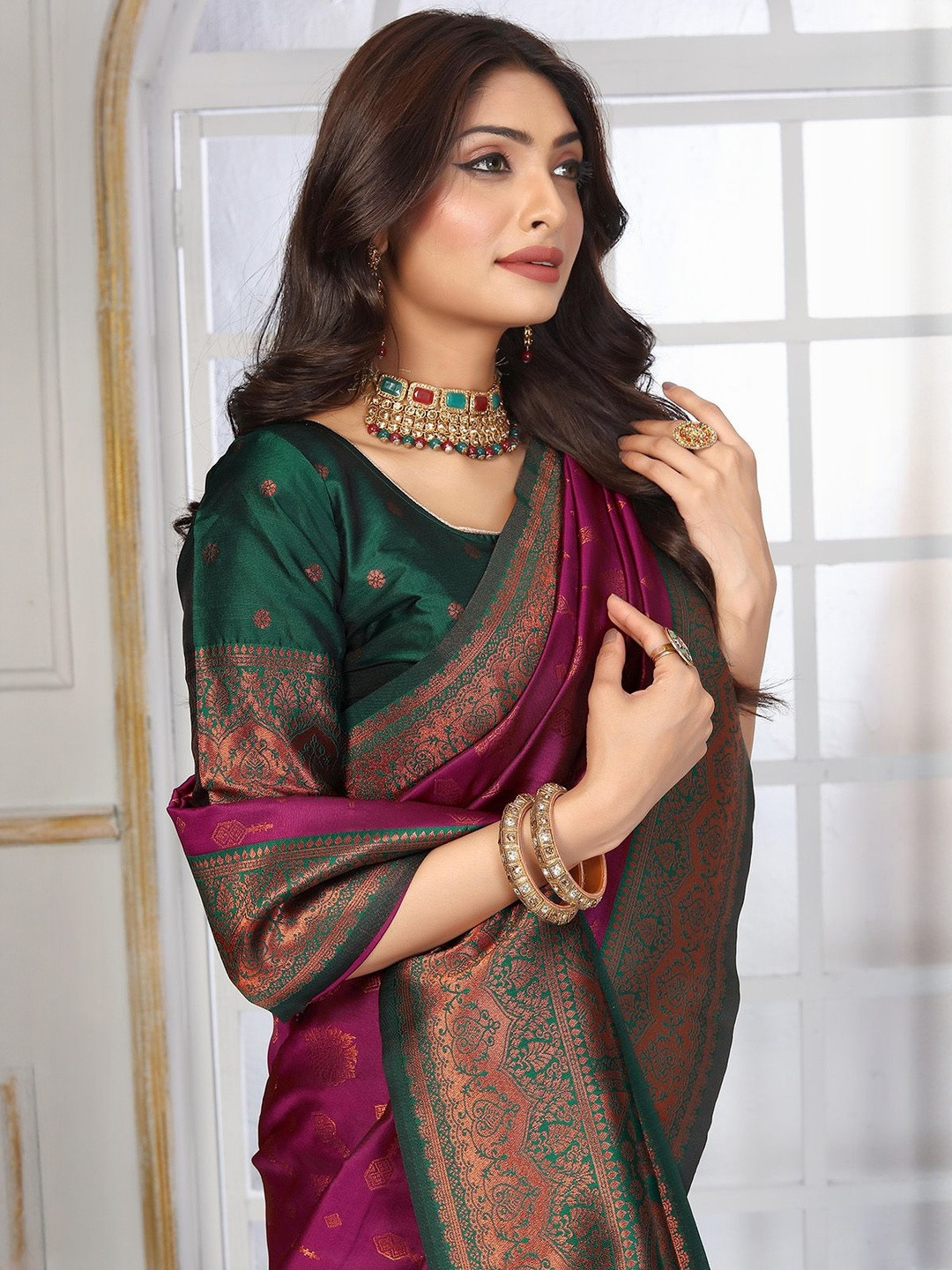 KALINI Magenta Art Silk Woven Design Sarees