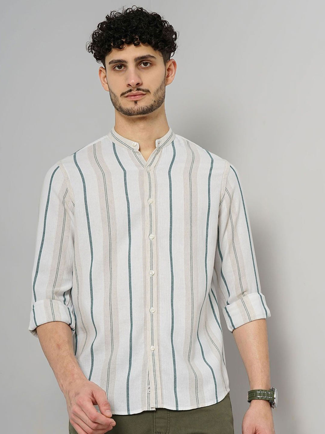 Celio Regular Fit Striped Cotton Mandarin Collar Casual Shirt