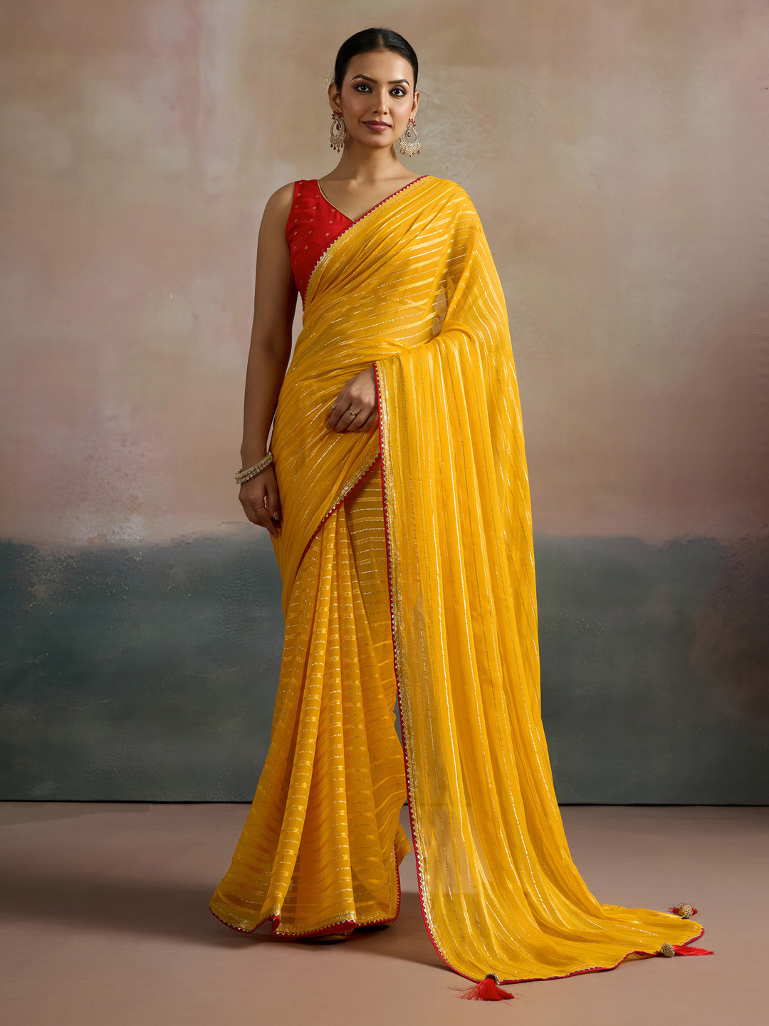 Mitera Striped Leheriya Zari Saree With Matching Blouse