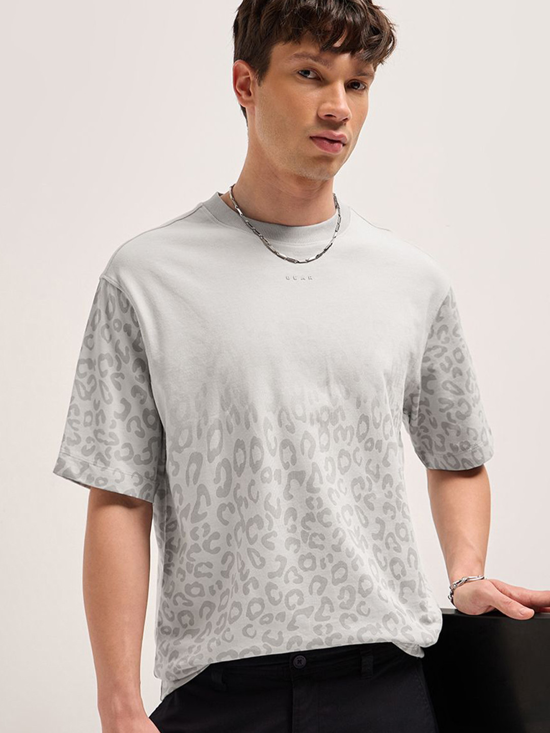THE BEAR HOUSE Oversized Leopard Printed Crew Neck Pure Cotton T-Shirt