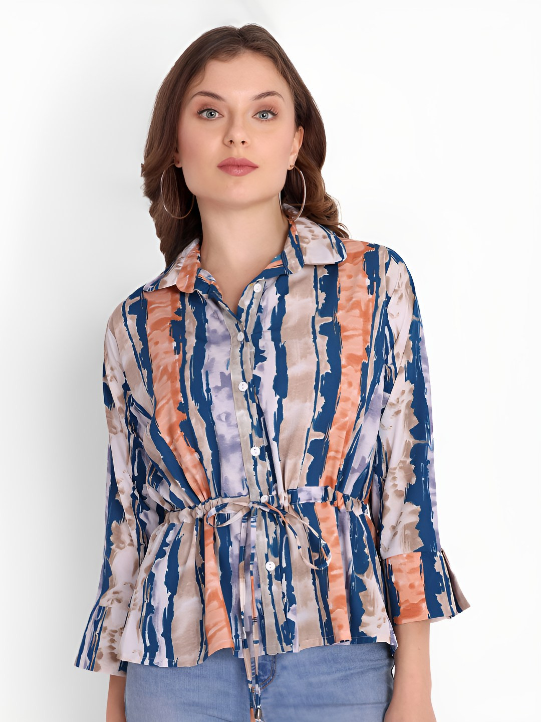 FNOCKS Striped Flared Sleeve Cotton Shirt Style Top