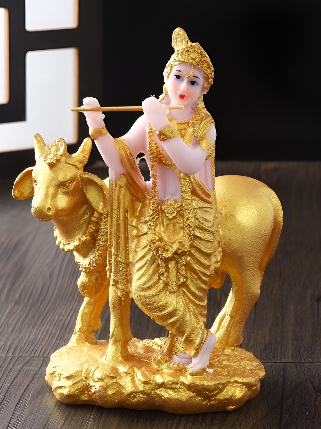 TIED RIBBONS Gold-Toned & White Krishna Idol With Cow Statue Religious Idol Showpiece