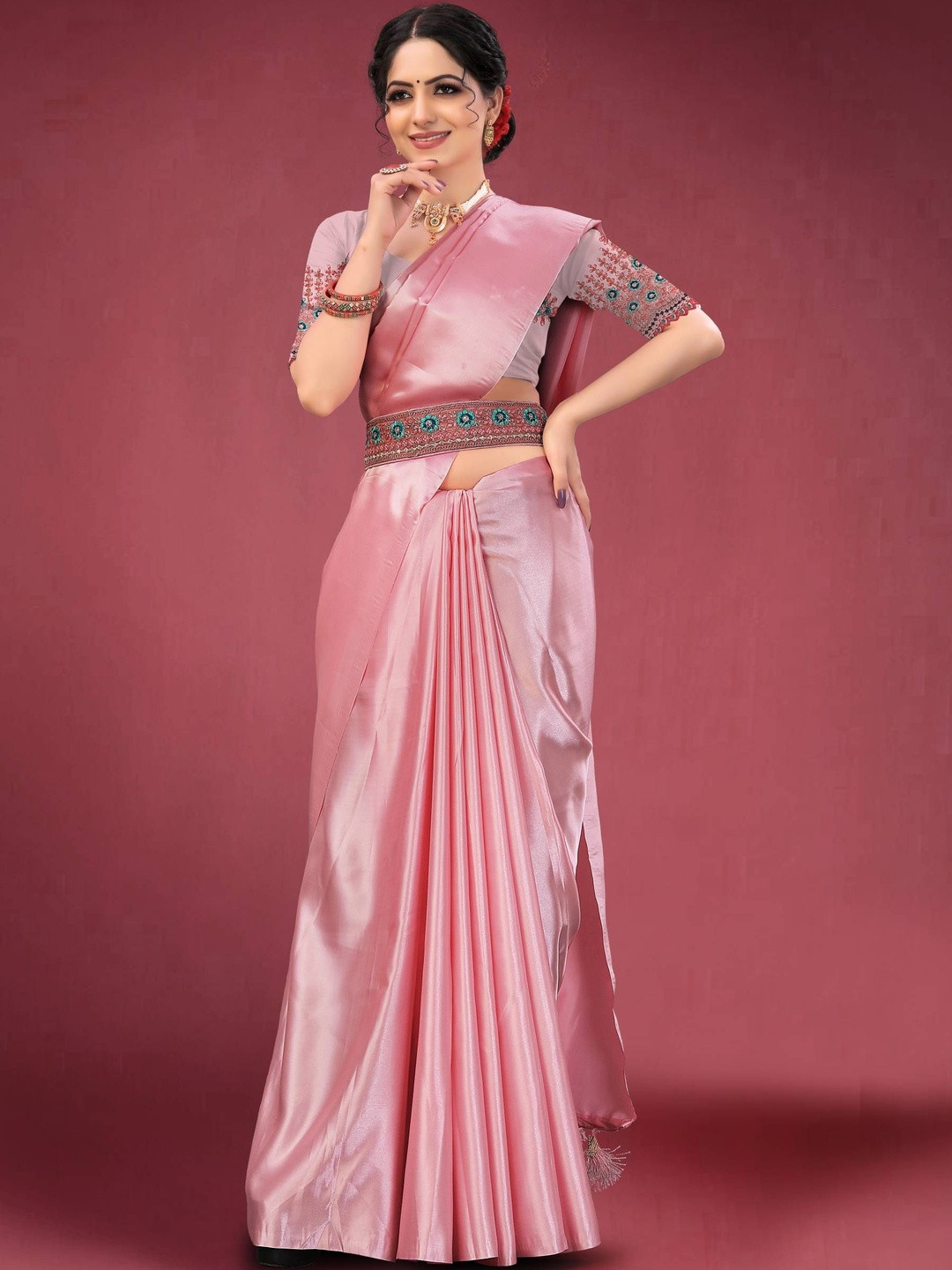Elite Fashion Pink Satin Solid Sarees