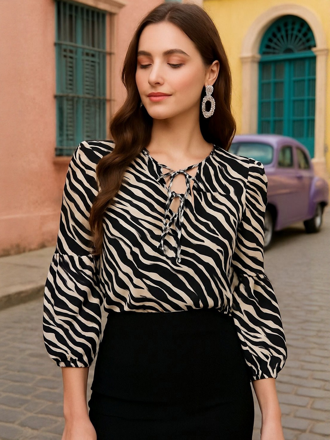 CORSICA Women Black Printed Polyester Tops