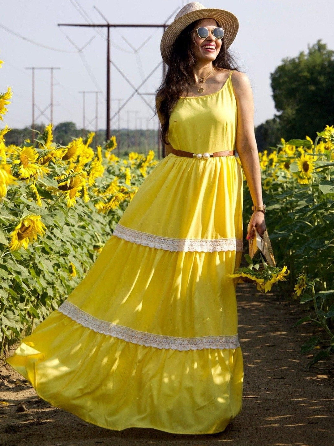 Thread & Button Round Neck Lace-Up Maxi Dress