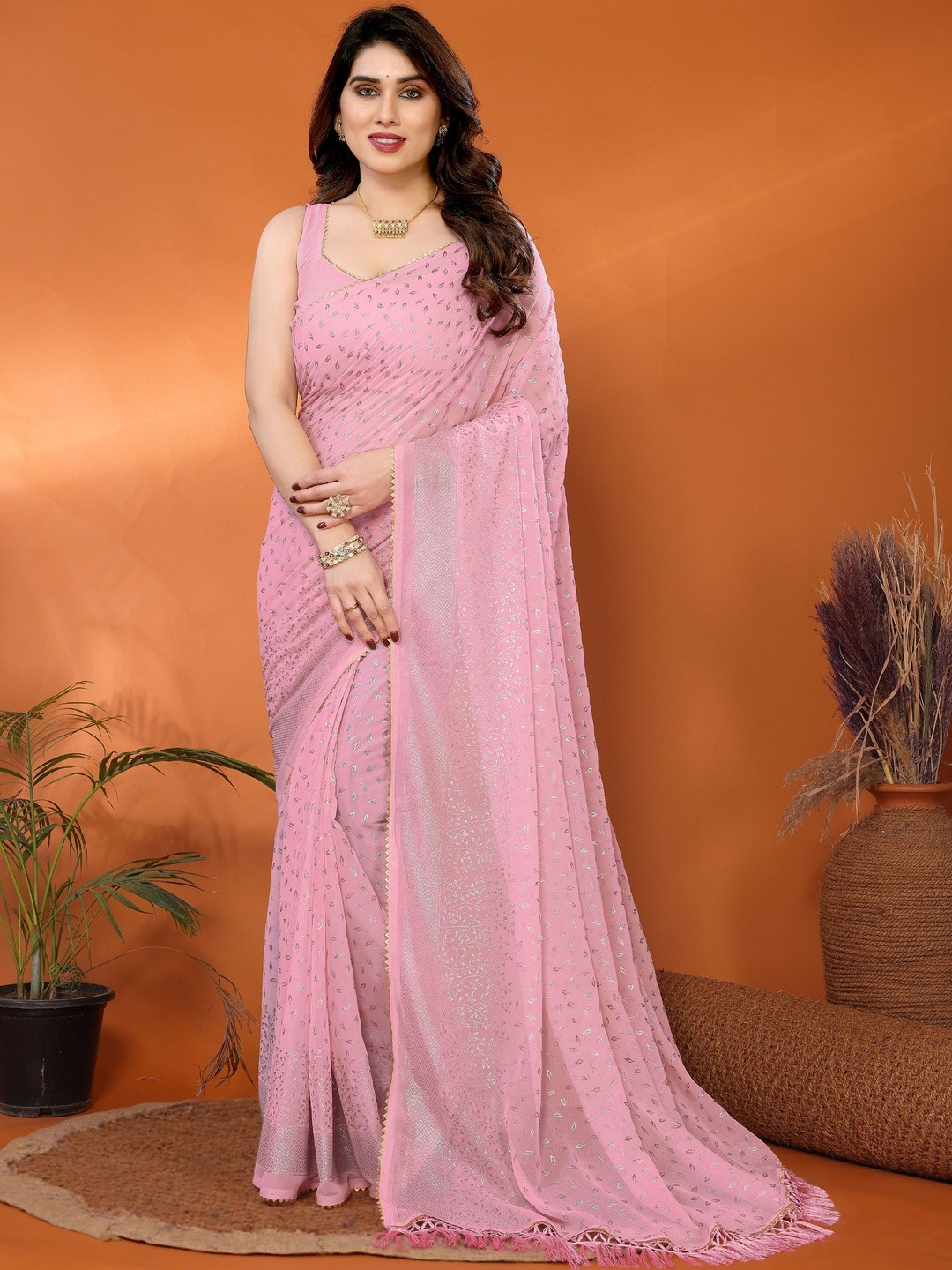 HERE&NOW Women Pink Plain With Foil Work And Tassel Georgette Sarees With Blouse Piece