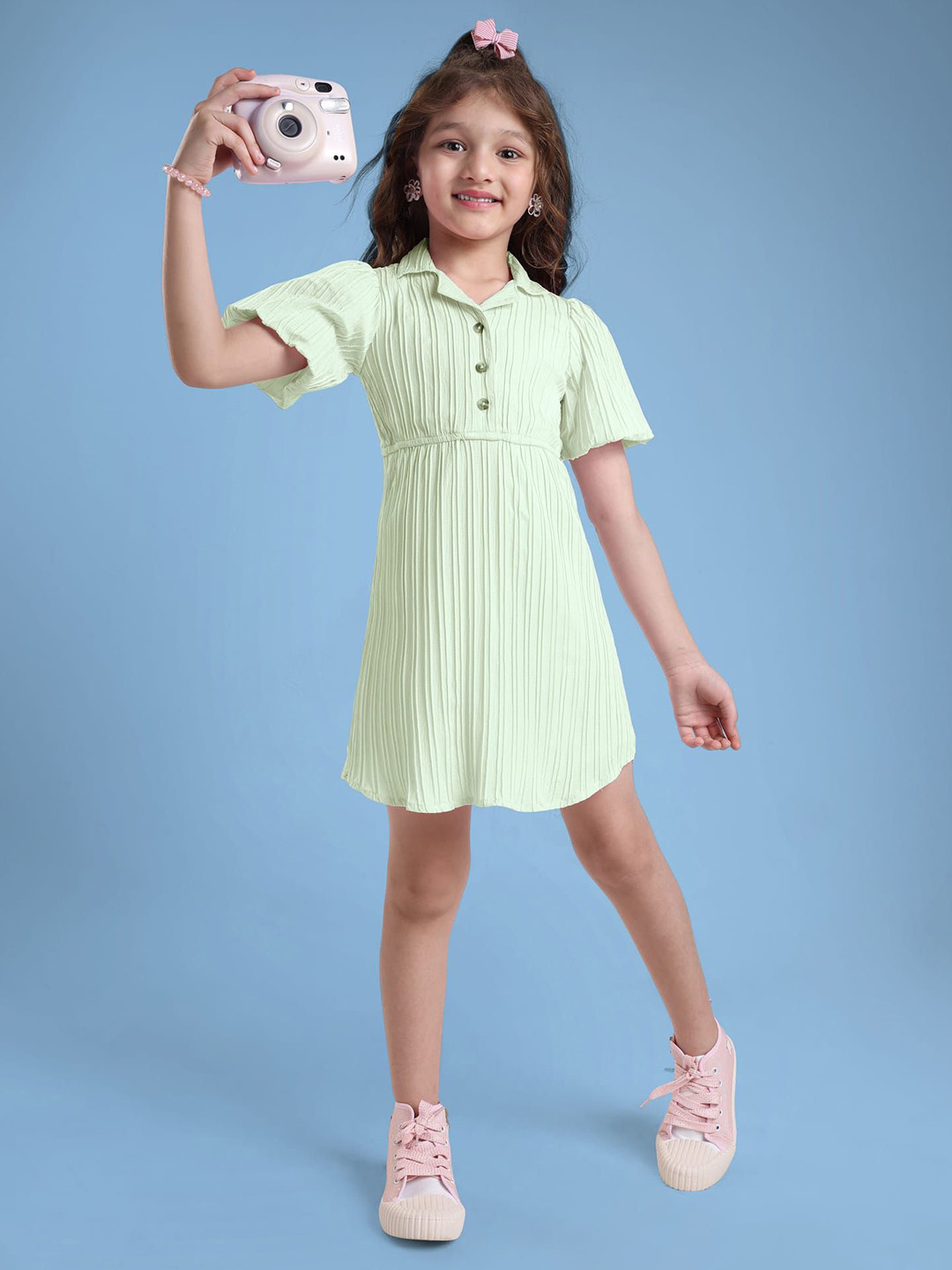Hola Bonita Women Textured Shirt Collar A-Line Dress