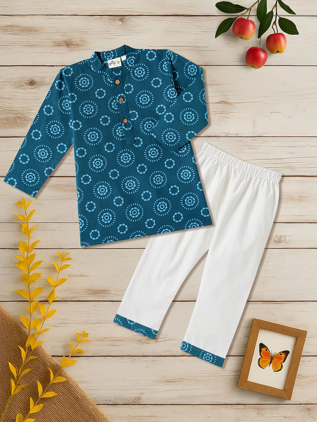 Desi Soota Boys Navy Blue Mandala Circle Motif Printed Pure Cotton Kurta With Pyjamas