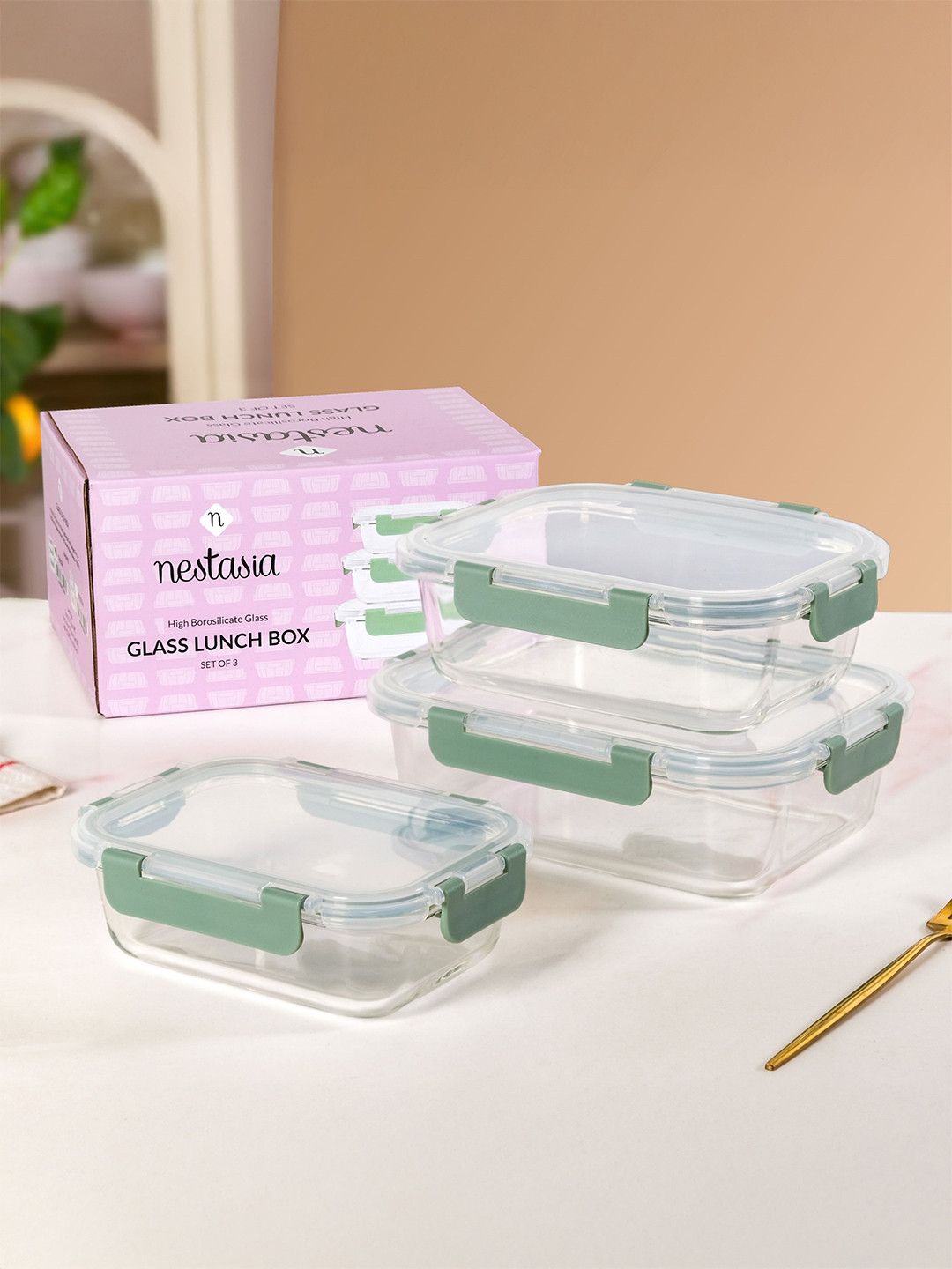 Nestasia Unisex Transparent 3 Pieces Leakproof Rectangular Borosilicate Glass Containers