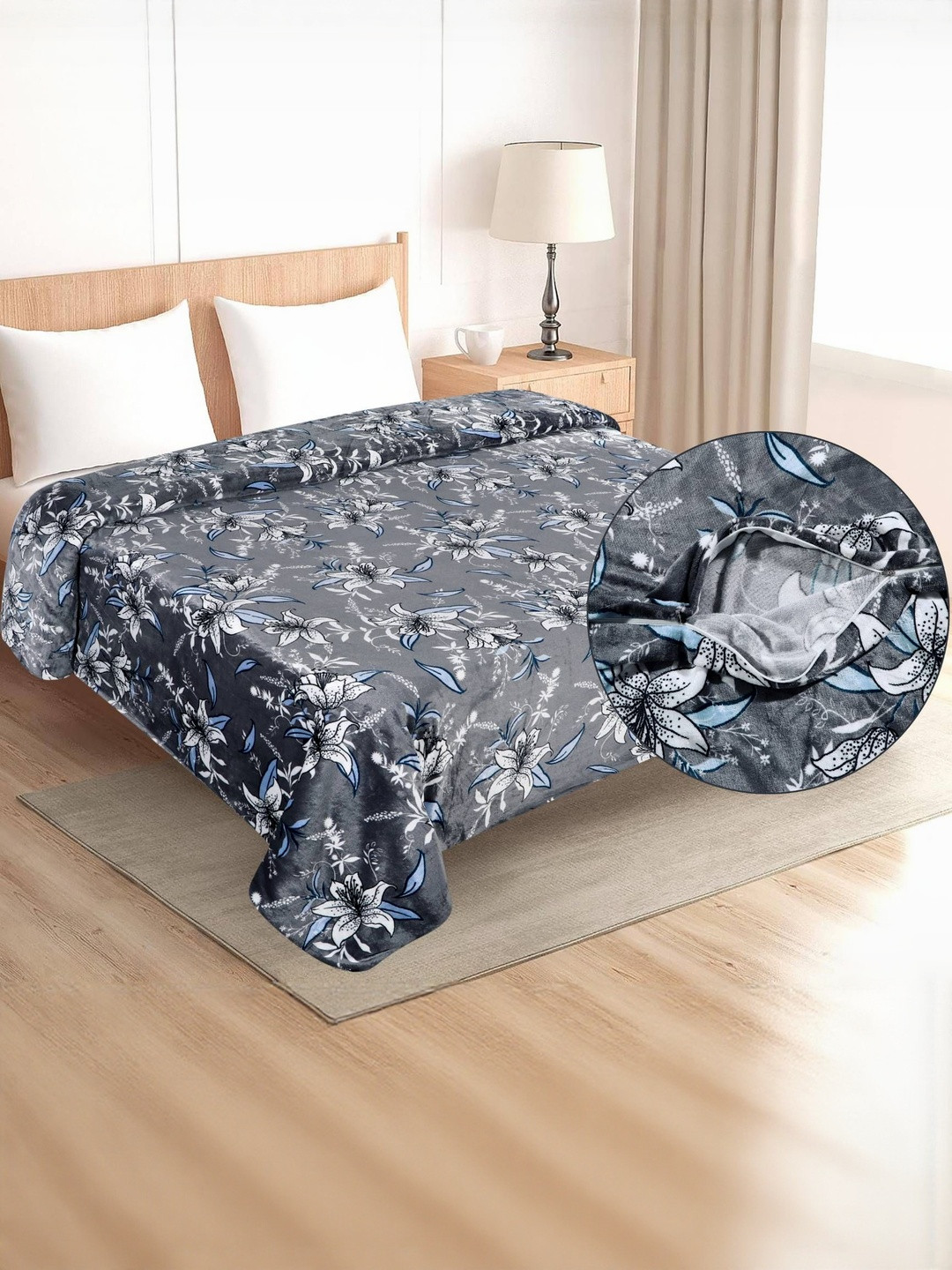 REALDREAM Grey Floral Print Super Soft Velvet Double Bed Warm Quilt Cover